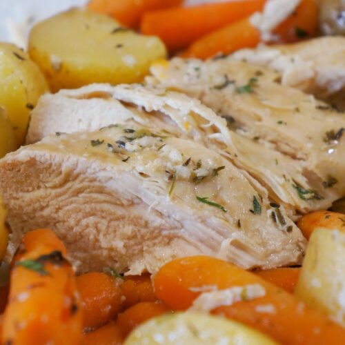 Close view of Garlic Butter Chicken and veggies.