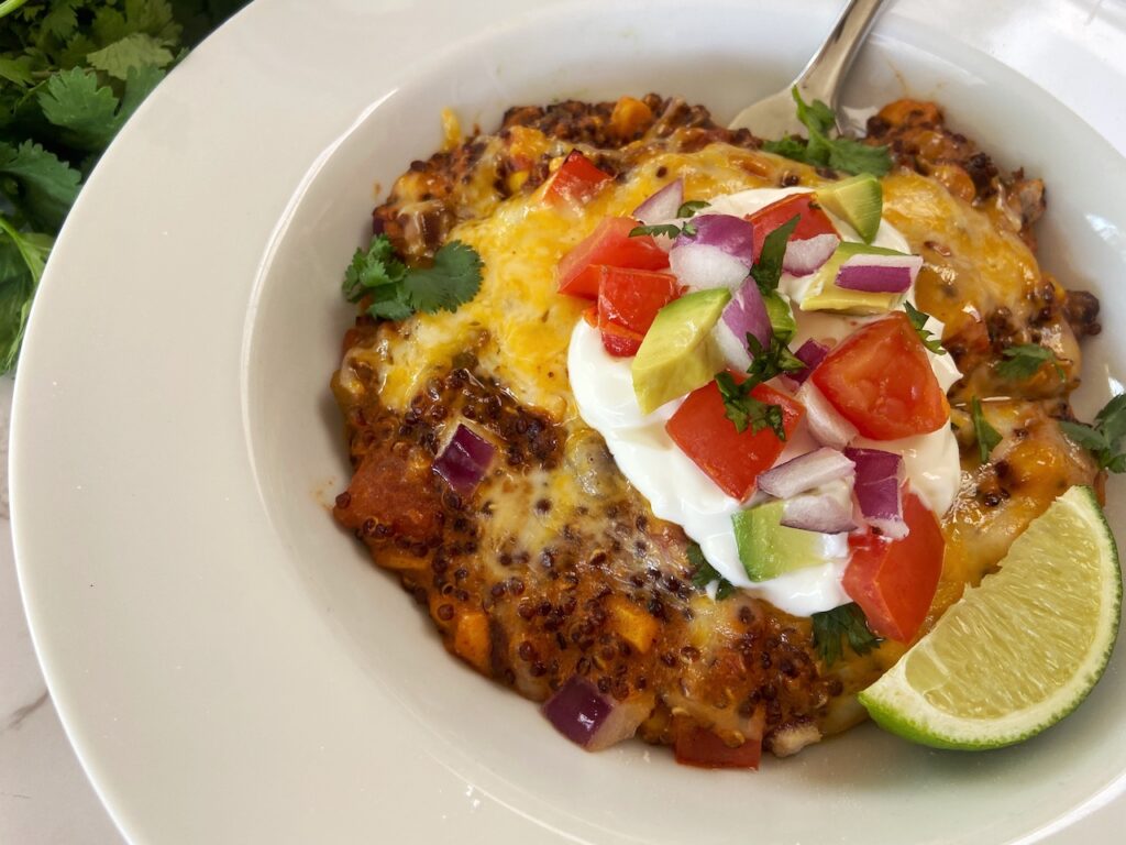 closeup view of Quinoa Casserole on a plate with fork