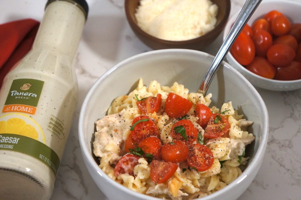 Chicken Caesar Pasta in bowl with spoon