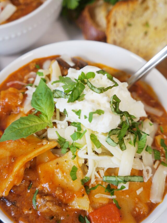 Lasagna Soup bowl with basil