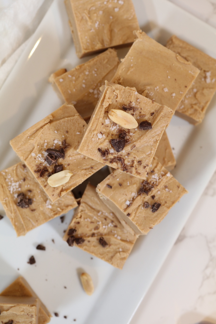 2 Ingredient Peanut Butter Fudge with chocolate and sea salt on top