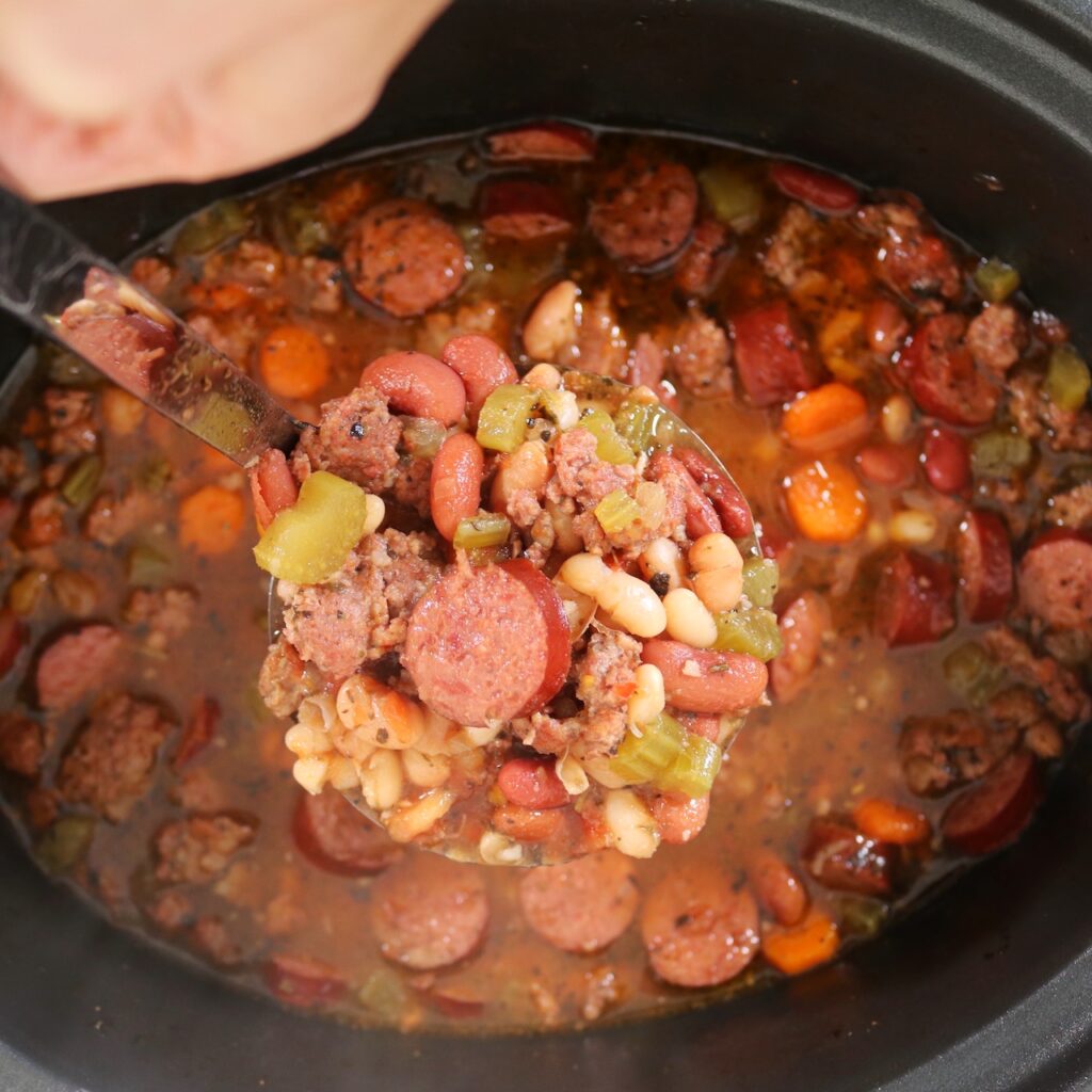 Crockpot Bean Soup in laddle