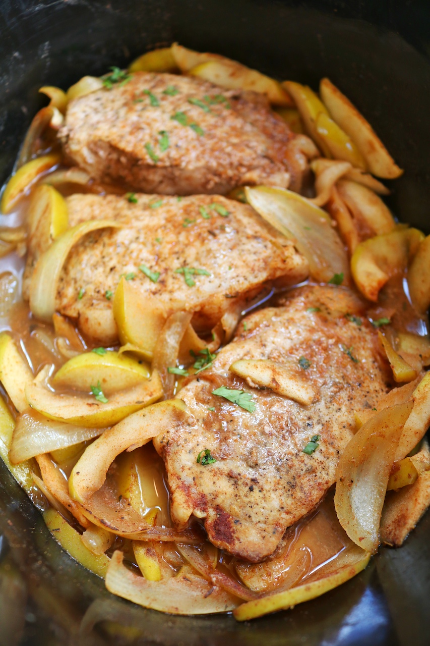 Crockpot Apple Pork Chops with Onions in crockpot cooked.