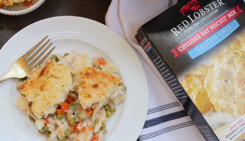 Chicken Cobbler Casserole with fork and box