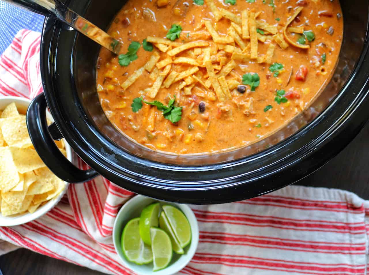 Overhead shot of Chicken Chili Enchilada Soup in crockpot