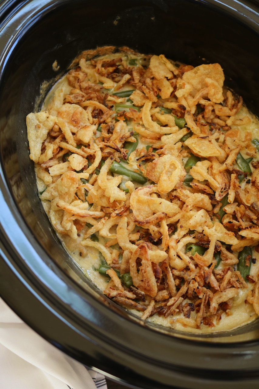 Crockpot Green Bean Casserole with cheese in crockpot