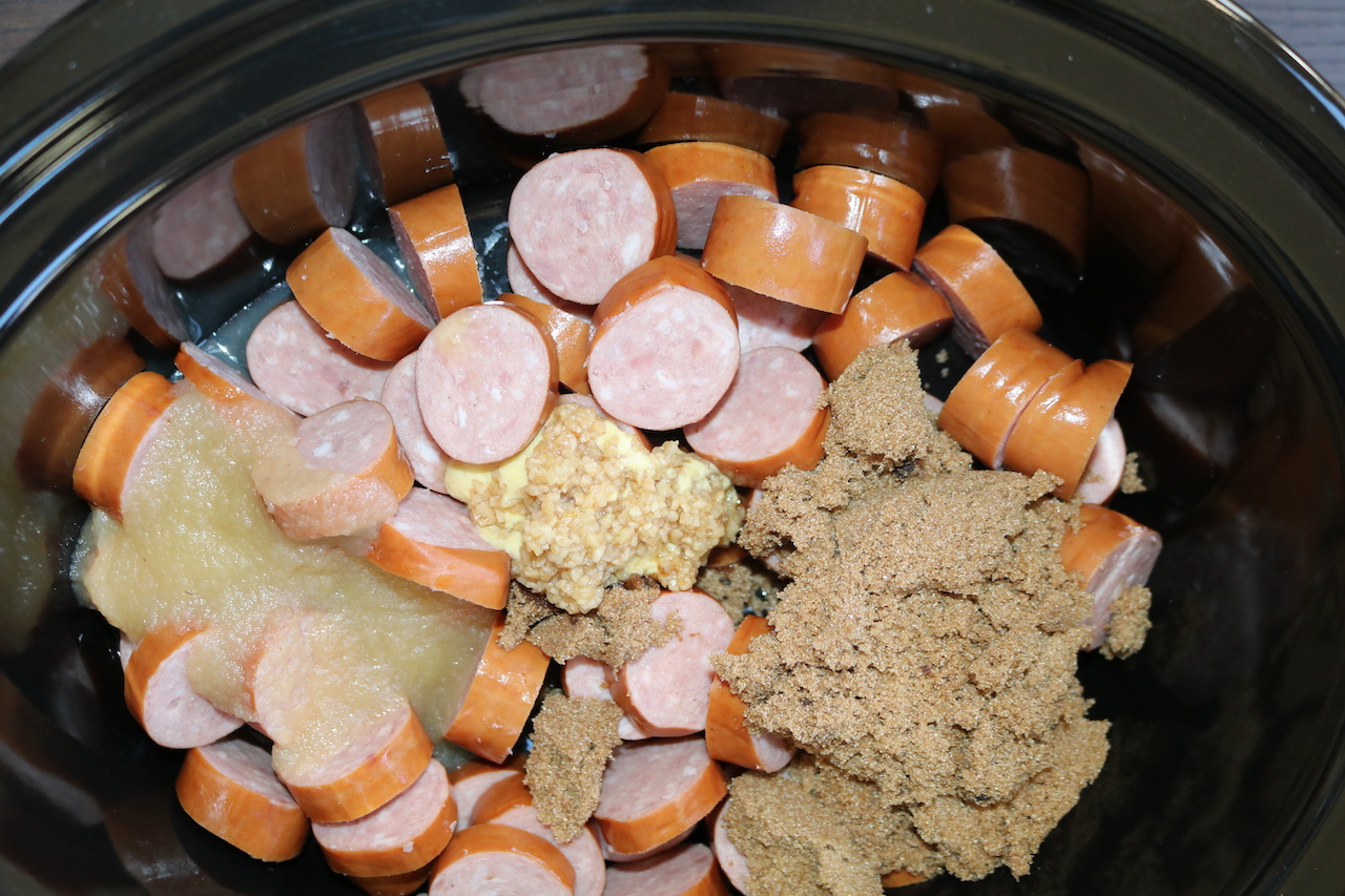  Kielbasa, brown sugar, garlic, dijon mustard and apple sauce in crockpot