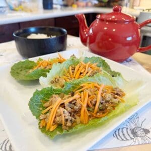 Asian chicken lettuce wraps on Romain lettuce