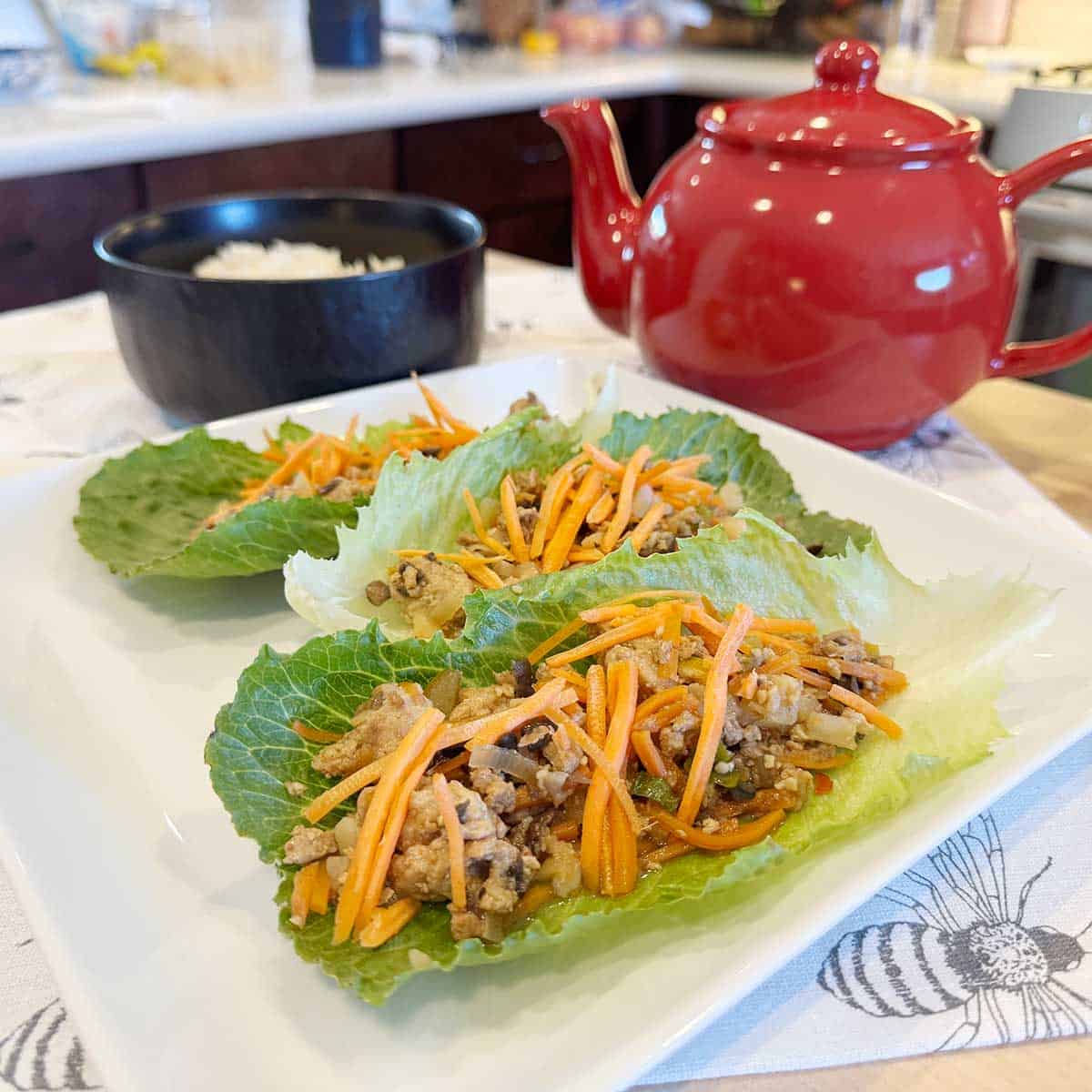 Asian chicken lettuce wraps on Romain lettuce